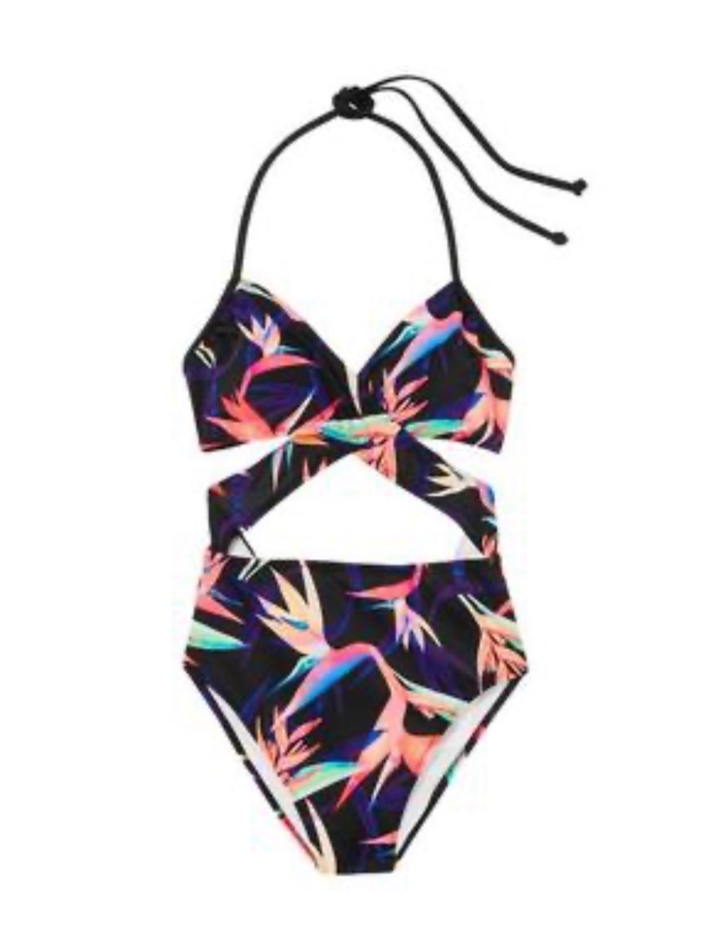 PINK Victoria's Secret Black Tropical Cutout One-Piece with Pink & Teal Accents